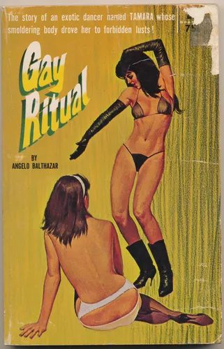 Vintage lesbian pulp paperback cover poster titled Gay Ritual on a striking yellow-green background.