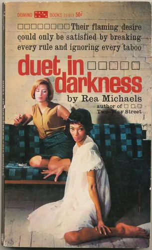 Vintage lesbian pulp paperback cover poster titled Duet in Darkness showing two women of different backgrounds.