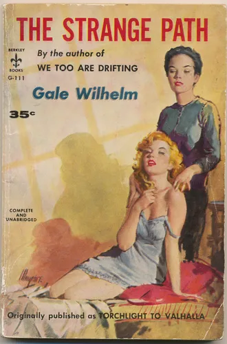 Vintage lesbian pulp paperback cover poster for The Strange Path in a literary mid-century illustrated style.