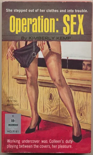Vintage lesbian pulp paperback cover poster titled Operation Sex in a witty spy-thriller illustrated style.